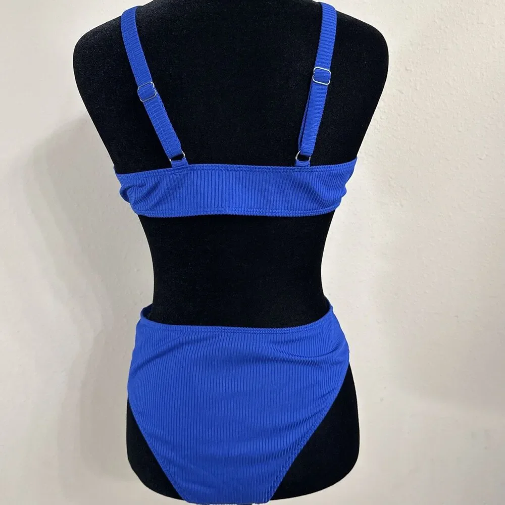 Swim Sexy Chain One Piece Bikini Swimsuit Women Large Blue Cutout Monokini Beach